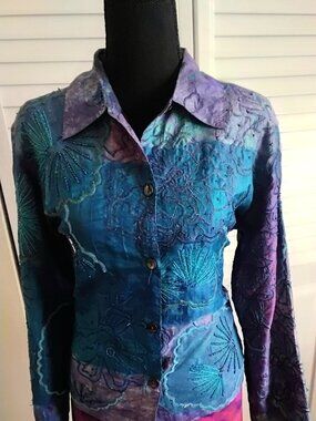 Chico’s Teal Blue Green 100% SILK Embroidered Embellished Sequin Jacket (M)